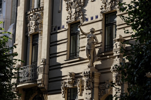 Art Nouveau building with sculptural decoration on Albertstraße, Riga, Latvia