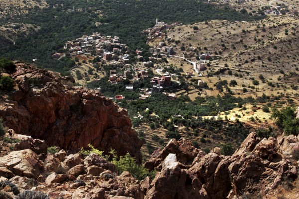 View of the valley with villages and dense vegetation, framed by mountains, Anergui, zero, Morocco