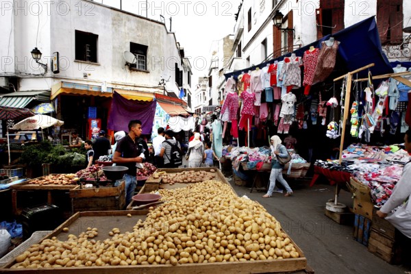 Market scene with stalls full of goods and hustle and bustle, Casablanca, Grand Casablanca, Morocco