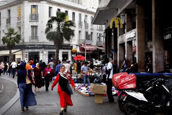 Busy street with palm trees and shops in a modern city, Casablanca, Grand Casablanca, Morocco