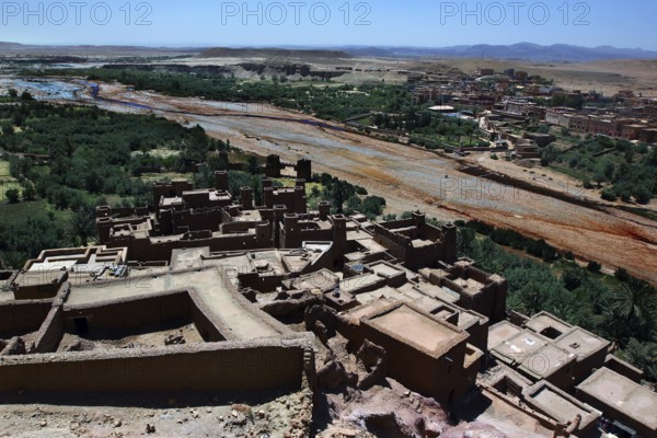 Ait Benhaddou with river landscape and old mud-brick architecture, Ait Benhaddou, Ouarzazate, Morocco