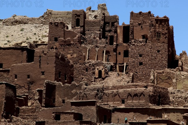 Mighty clay buildings in Ait Benhaddou against a clear blue sky, Ait Benhaddou, Ouarzazate, Morocco