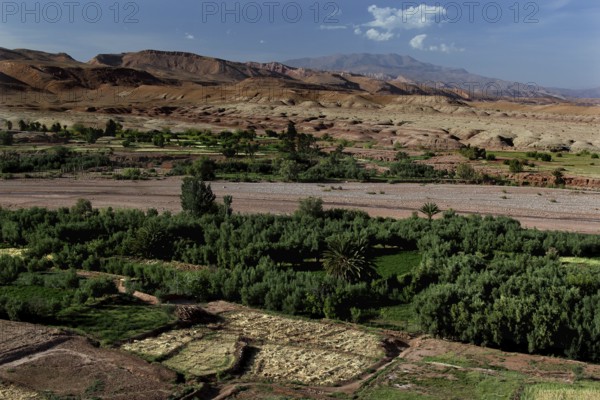 Extensive panoramic view of Ait Benhaddou with green valleys and surrounding mountains, Ait Benhaddou, Morocco