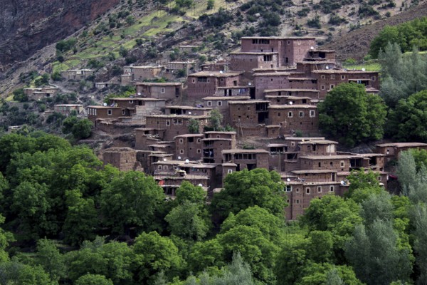 Traditional village in the High Atlas with terraced houses and green trees, zero
