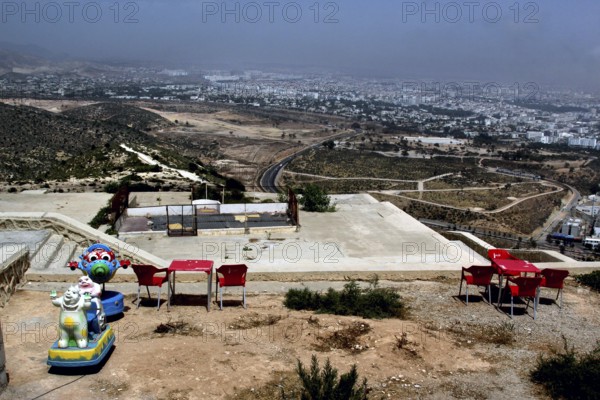 View of the Kasbah car park in Agadir with vast hills and city in the background, Agadir, Morocco