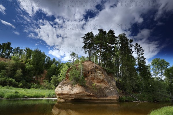 Impressive Zvartes rocks in the middle of Gauja National Park under blue skies, Gauja National Park, Latvia