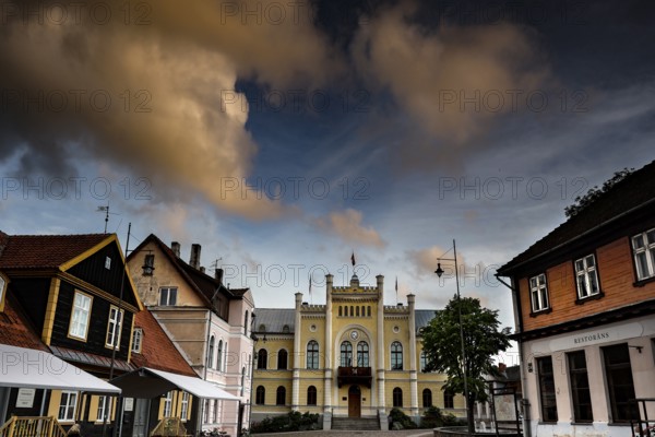 View of the New Town Hall and surrounding buildings on Town Hall Square, Rathausplatz, Rathausplatz, Kuldiga, Latvia
