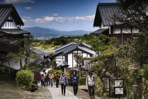 Traditional village with historic buildings and mountain views, Magome, Nagano, Japan