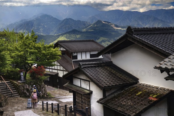 Mountain village with traditional architecture and picturesque mountain views, Magome, Nagano, Japan