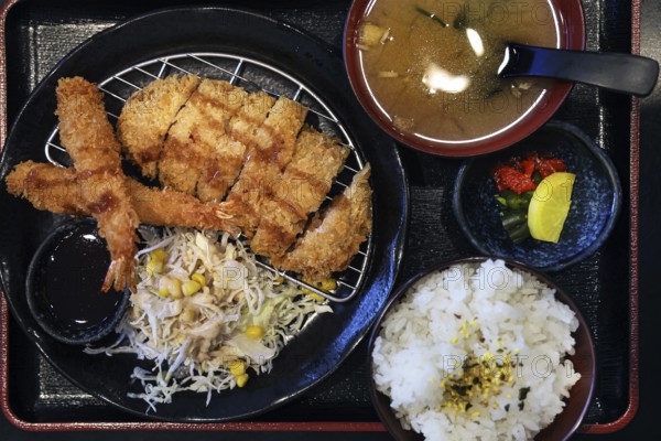 Crispy tonkatsu served with rice and miso soup, Kawaguchi, Japan