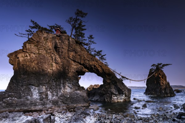 Dramatic rock formations with rope bridge on the Noto Peninsula in Japan, Noto, Ishikawa, Japan