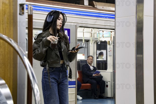 Woman standing in Osaka subway looking at her smartphone while a man sits in the background, Osaka, Japan
