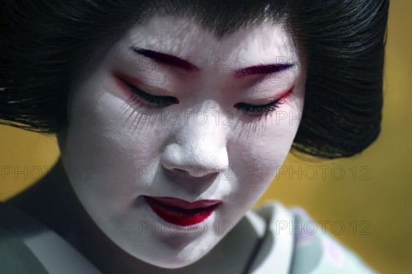 Geisha with a lowered view in the Nishi Chaya tea house district in Kanazawa, Kanazawa, Ishikawa, Japan