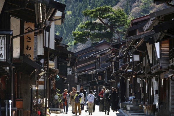 Narrow roads lined with traditional buildings in a mountain village, Narai, Nagano, Japan