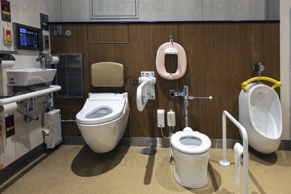 Modern Japanese rest stop toilets with advanced features, Fujioshida, Yamanashi, Japan
