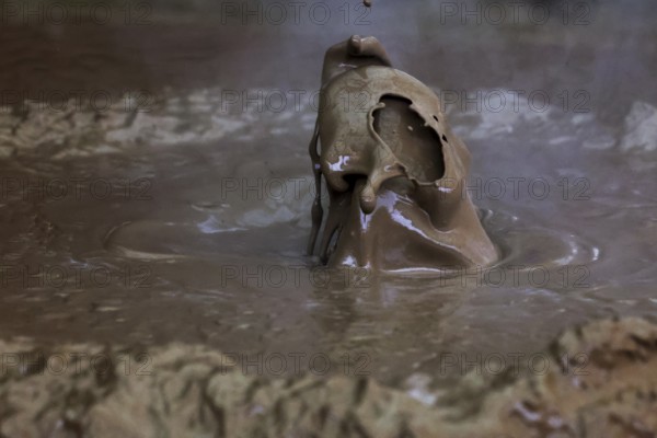Boiling mud bubbles in the solfatar field of Kamado Jigoku in Beppu, Beppu, Kyushu, Japan