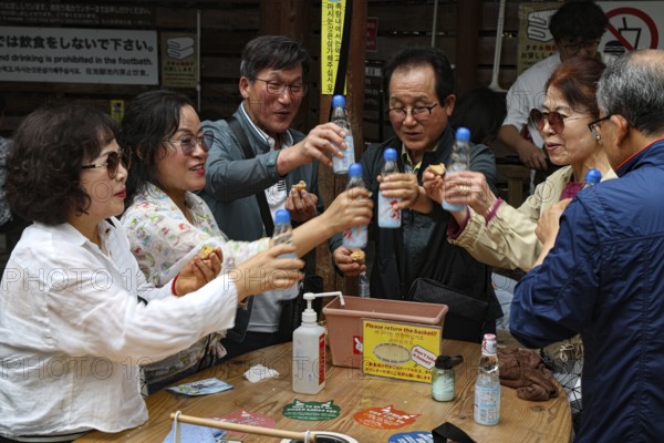 Friends at Kamado Jigoku in Beppu toast with bottles and enjoy the atmosphere, Beppu, Oita, Japan