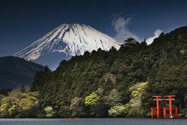 The distinctive torii of Hakone-jinja shrine in front of imposing Fujiyama, Hakone, Japan