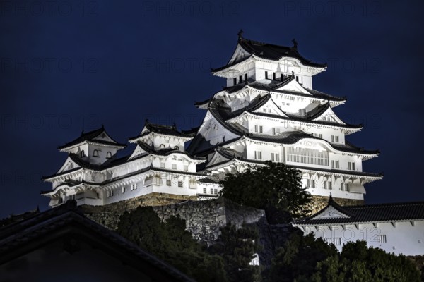 Illuminated Himeji Castle at night, an iconic Japanese architecture, Himeji, Japan