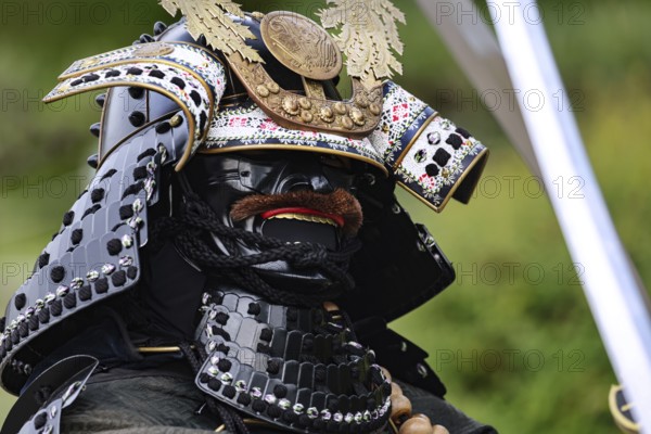 A proud samurai in traditional armor with Himeji Castle in the background, Himeji, Japan