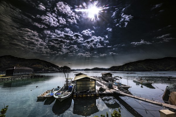 Boats lie still on the coast of the Kii Peninsula at night, Kii Peninsula, Japan