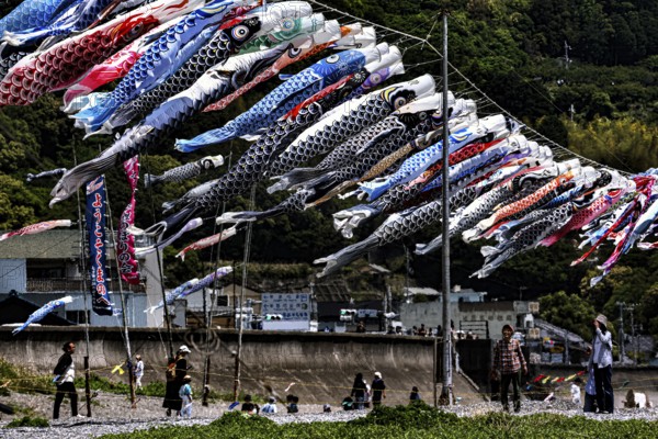 Colourful cloth carp blowing over a bustling southern Japanese scene on Children's Day, Kii Peninsula, Japan