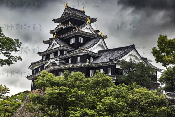 Impressive Okayama castle with traditional roofs under a dramatic sky, Okayama, Okayama, Japan