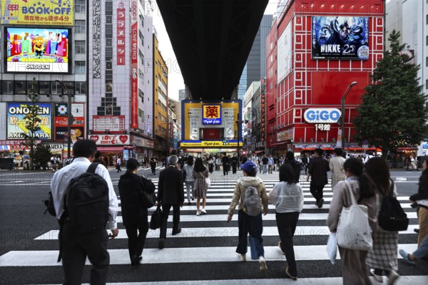 Busy street intersection in Akihabara with glowing billboards and people, Tokyo, Japan