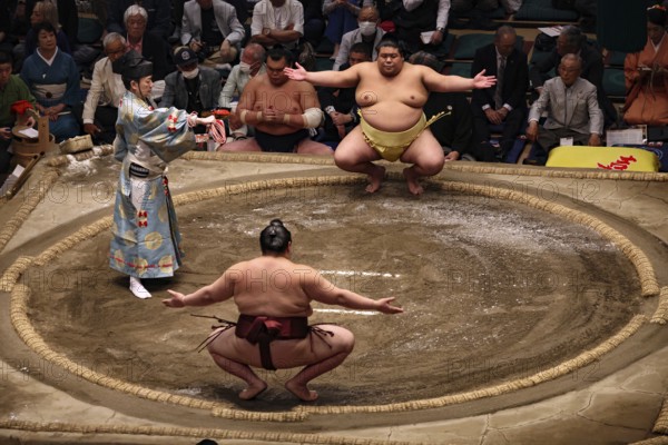 Sumo ritual in front of the competition in Kokugikan, Tokyo, Ryogoku, Japan