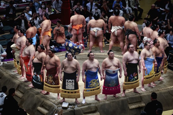 Sumo wrestlers during the Makuuchi ceremony at National Sumo Stadium, Tokyo, Ryogoku, Japan