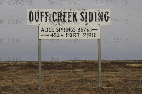 Duff Creek Siding Station Sign in the Dry Landscape, Duff Creek Siding, South Australia, Australia