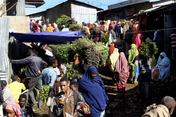 Crowded market with sellers and customers under a blue fabric roof, Awaday, Ethiopia