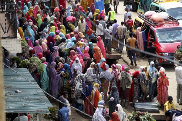 Aerial view of a busy market full of people, Awaday, Ethiopia