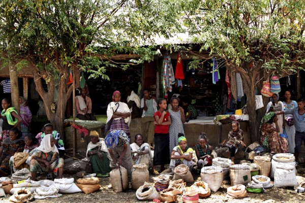 Bustling market activity with numerous people and stands in Adi Arkay