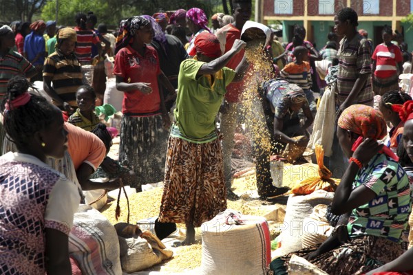 Active market in Konso with people in traditional clothes exchanging goods, Konso, region, Ethiopia