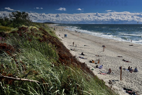 Sunny beach with dunes and relaxing bathers under wide skies, Nida, Curonian Spit, Lithuania