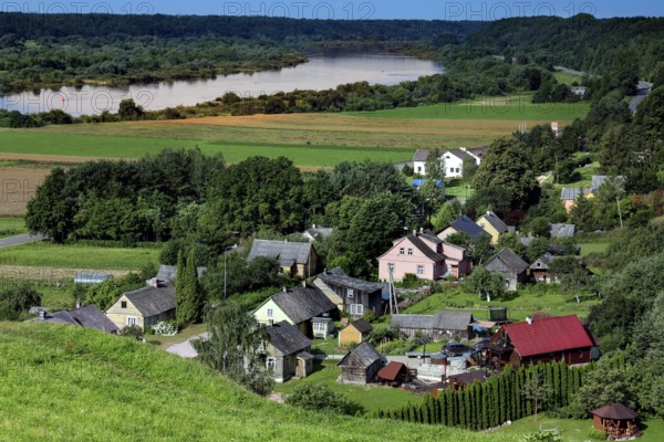 Panoramic view of Seredzius and the Memel River from Palemonas Castle Hill, Seredzius, Lithuania