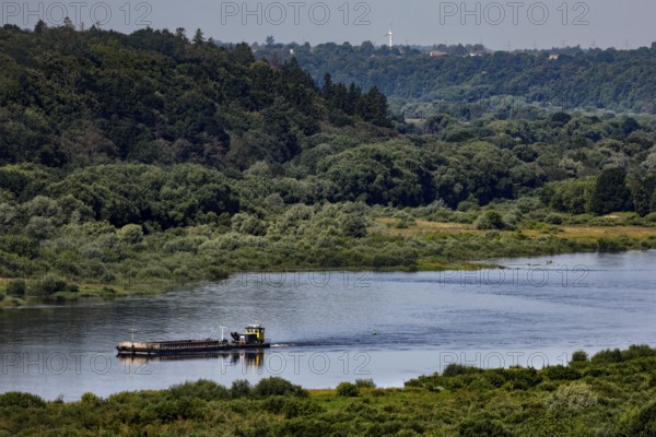 View of the Memel River from the Raudonn Castle tower, a boat passes by, Raudonn, Lithuania
