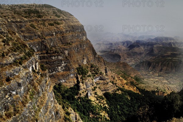 Sublime rock formations and extensive valley in the Semien Mountains, Semien Mountain National Park, Ethiopia