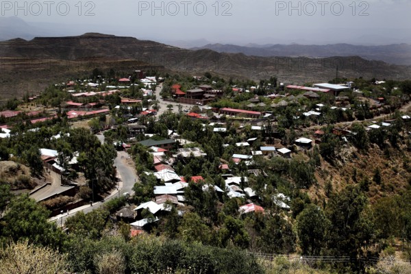 Panoramic view of the city of Lalibela nestled in the hilly landscape, Lalibela, Amhara, Ethiopia