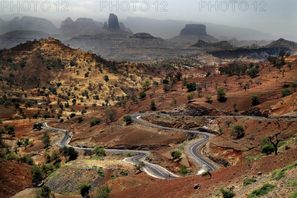 Breathtaking scenery of the Semien Mountains with winding roads and mountains, Semien Mountains, Ethiopia
