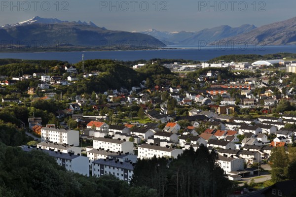 Panoramic view of Bodø with views of the city and surrounding mountains from Ronvik, Bodø, Nordland, Norway