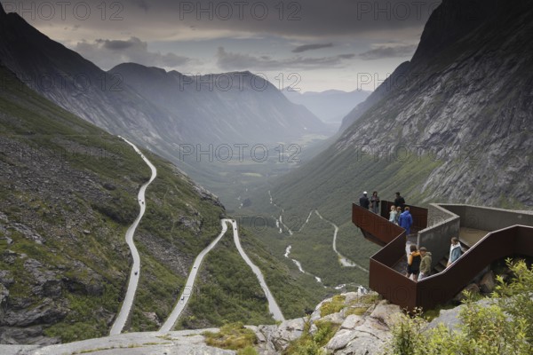Observation deck with views of the Trollstigen Serpentine Road and the surrounding mountains, Trollstigen, Møre og Romsdal, Norway