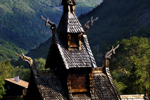 Roof detail of Borgund stave church with ornate dragon heads, Borgund, Vestland, Norway