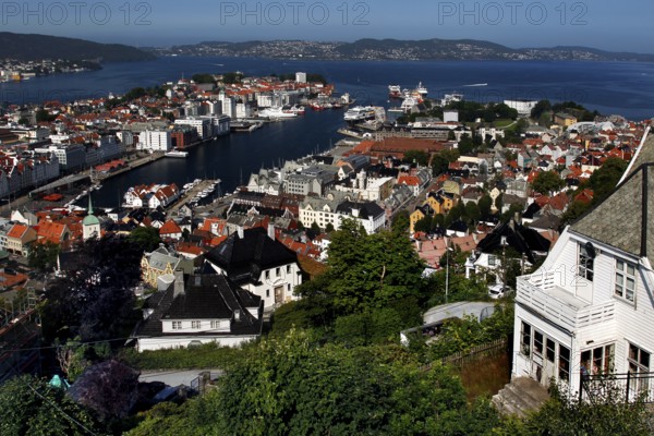 Panoramic view of mountains and archipelago from Fløyen, Bergen, Hordaland, Norway