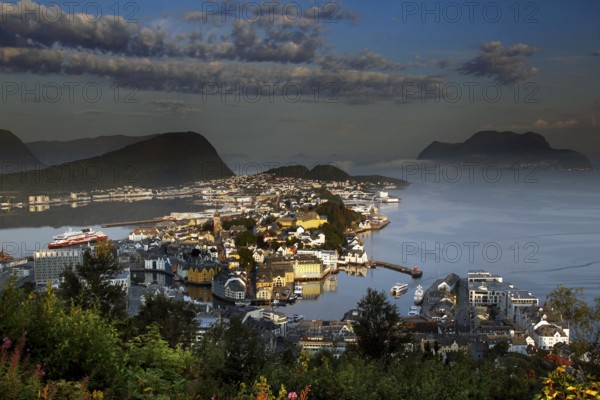 View of Ålesund from Kniven viewpoint at dusk, Ålesund, Norway