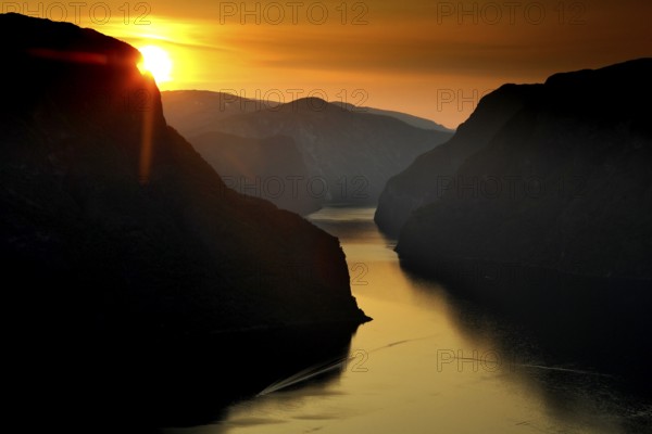 View of Aurlandsfjorden at sunset from Stegastein, Aurlandsvangen, Vestland, Norway