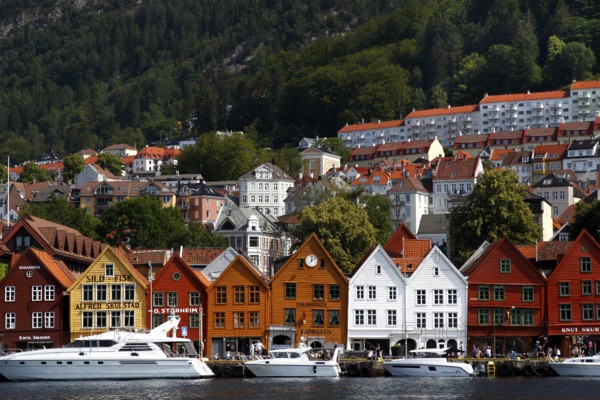 House facades of the Hanseatic Quarter with boats in the foreground, Bergen, Norway