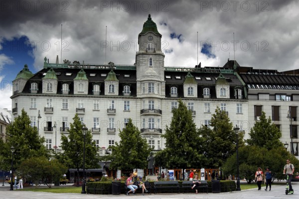 Magnificent grand hotel on Eidsvolls plass with impressive façade, Oslo, Norway