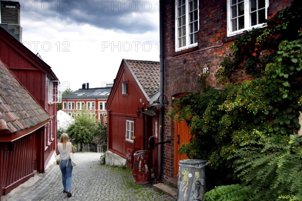 Narrow streets with historic wooden houses in Damstredet, Oslo, charming and cozy, Oslo, Damstredet, Norway